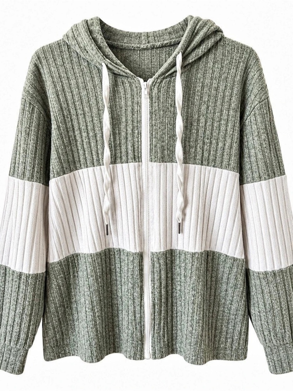 Sage Green White Ribbed Colorblock Zip Hoodie Women's M